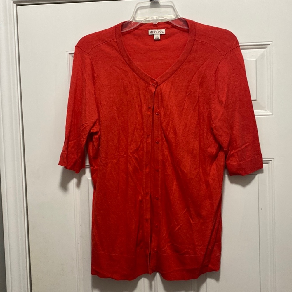 Red shortsleeved cardigan sweater